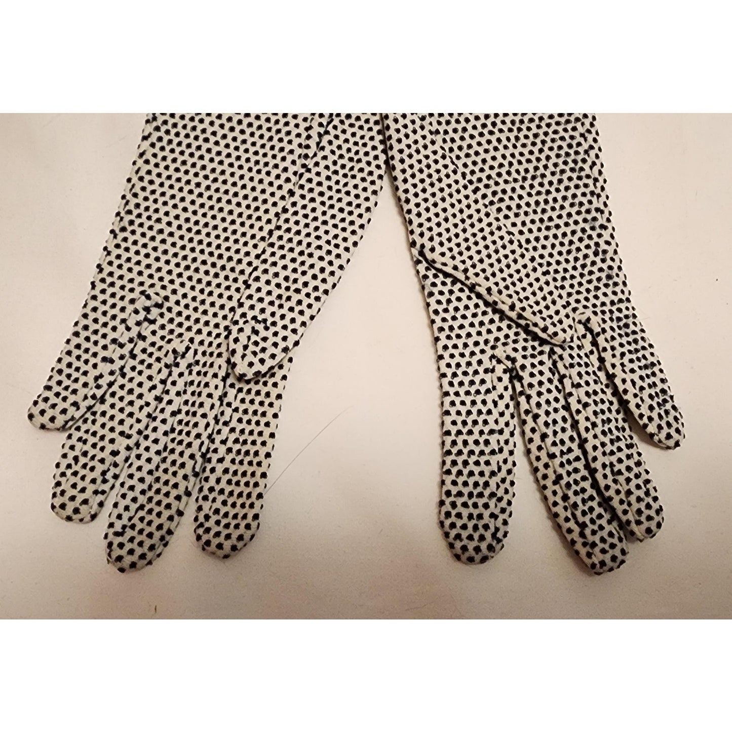 Vintage Polkadot Gloves 1960s Black and White Stretch Nylon Textured Tiny Polka Dot Wrist Gloves Mid Century Mod One Size