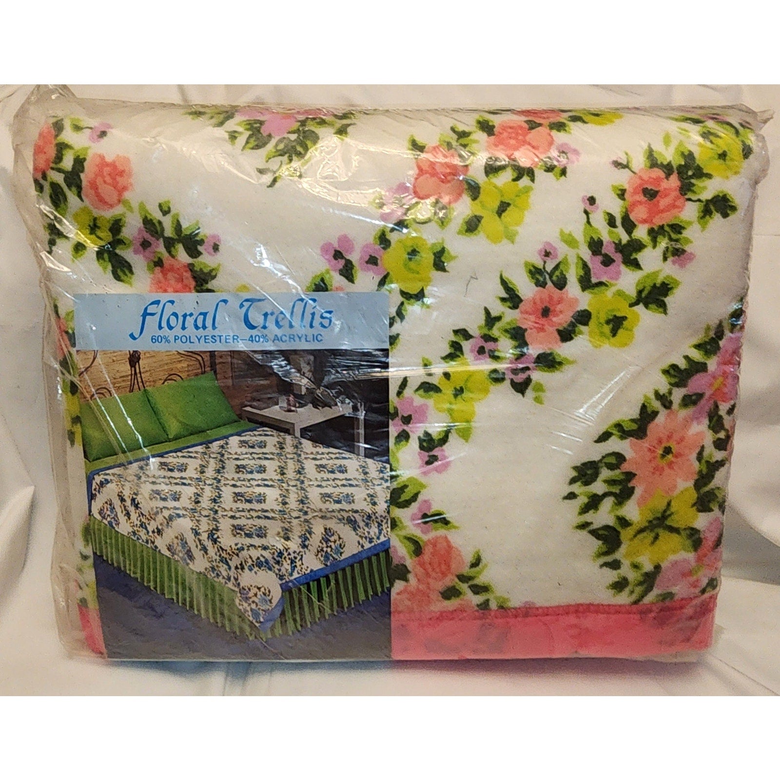 Unused Vintage Blanket 1960s White Pink Yellow Floral Trellis Poly Acrylic Blend Pink Trim NIP Mid Century Bedding Twin Full 72 x 90