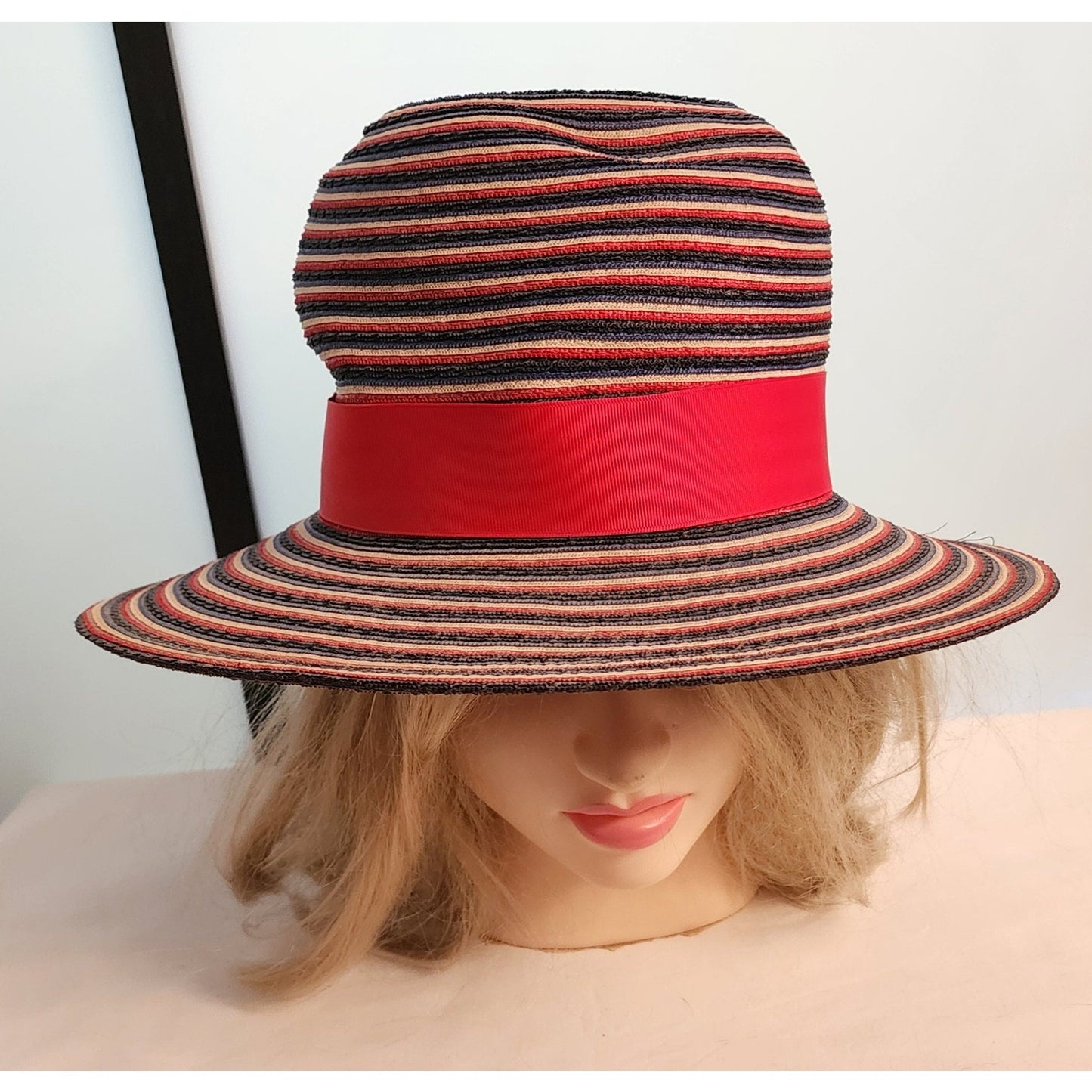 Vintage 1950s 60s Hat Red Beige Blue Striped Wide Brim Straw Hat Sun Hat Ribbons Mr John Mid Century Mod 21.5 in.