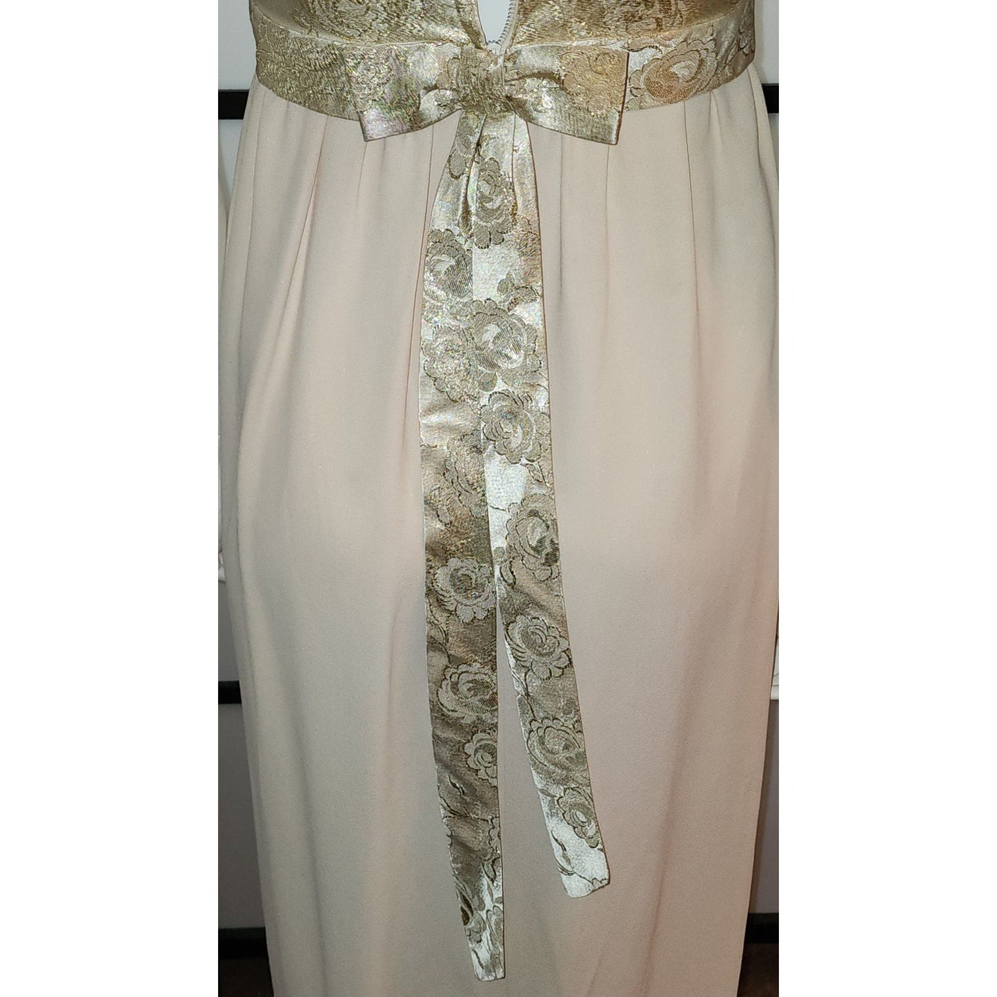Vintage Long Gown 1960s Gold Metallic Floral Brocade Empire Waist Gown Cream Rayon Crepe Skirt Back Bow Mid Century Glamor S