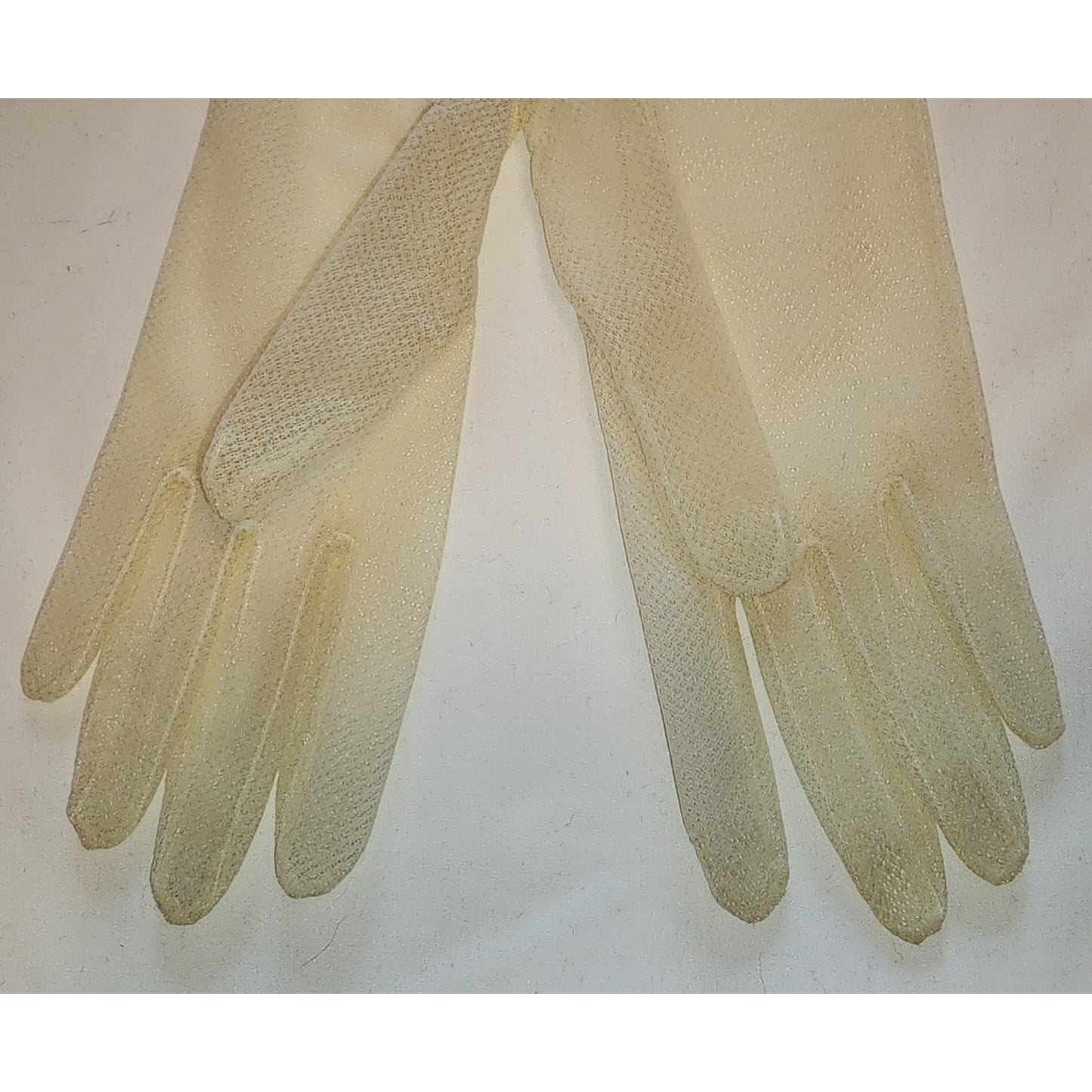 Vintage Sheer Gloves 1950s Long Light Yellow Sheer Textured Nylon Ruched Elbow Gloves Mid Century 7 or so AS IS