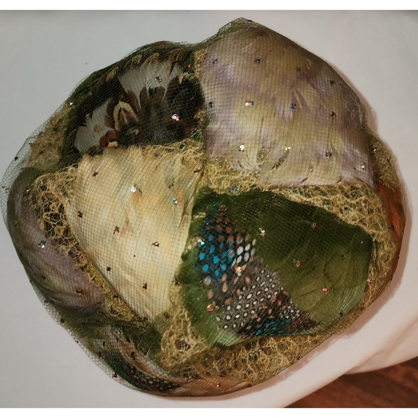 Vintage Bubble Hat 1960s Tall Yellow Green Orange Tulle Net Glitter Feather Turban Hat Coralie Mid Century Mod 22 in.