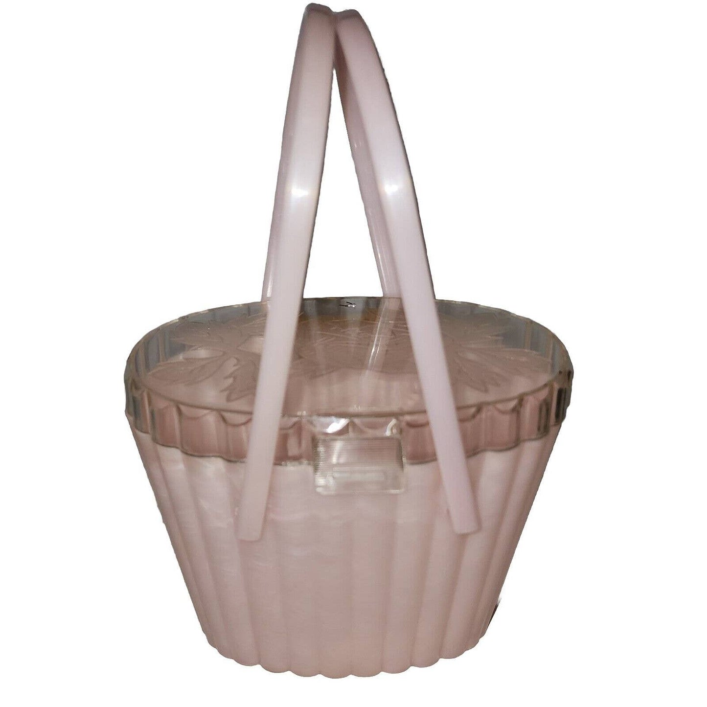 Vintage 50s Pink Marbled Lucite Plastic Oval Purse Clear Lid Roses Mid Century
