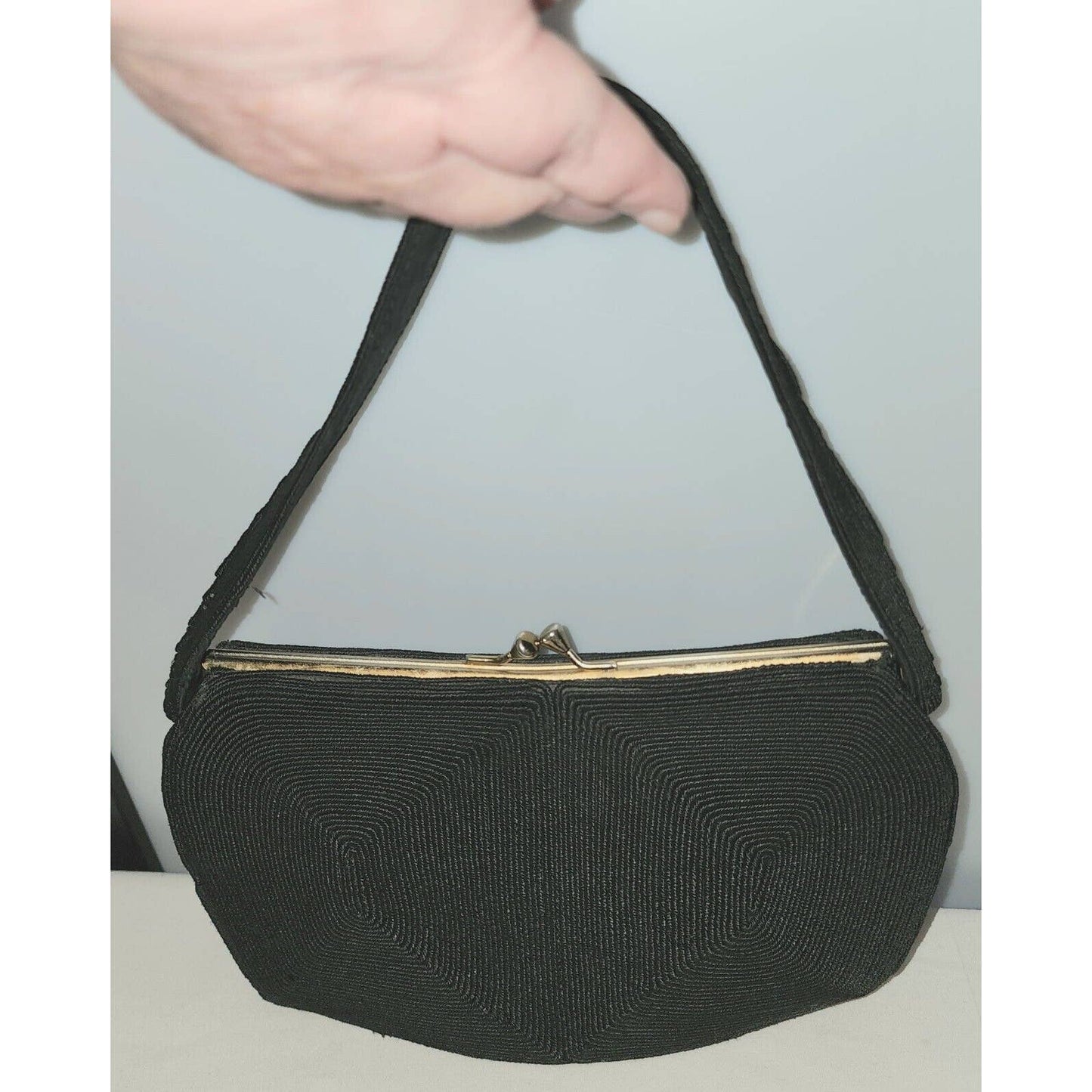 Vintage 30s 40s Black Corde Purse Handbag Intricate Designs Art Deco Film Noir