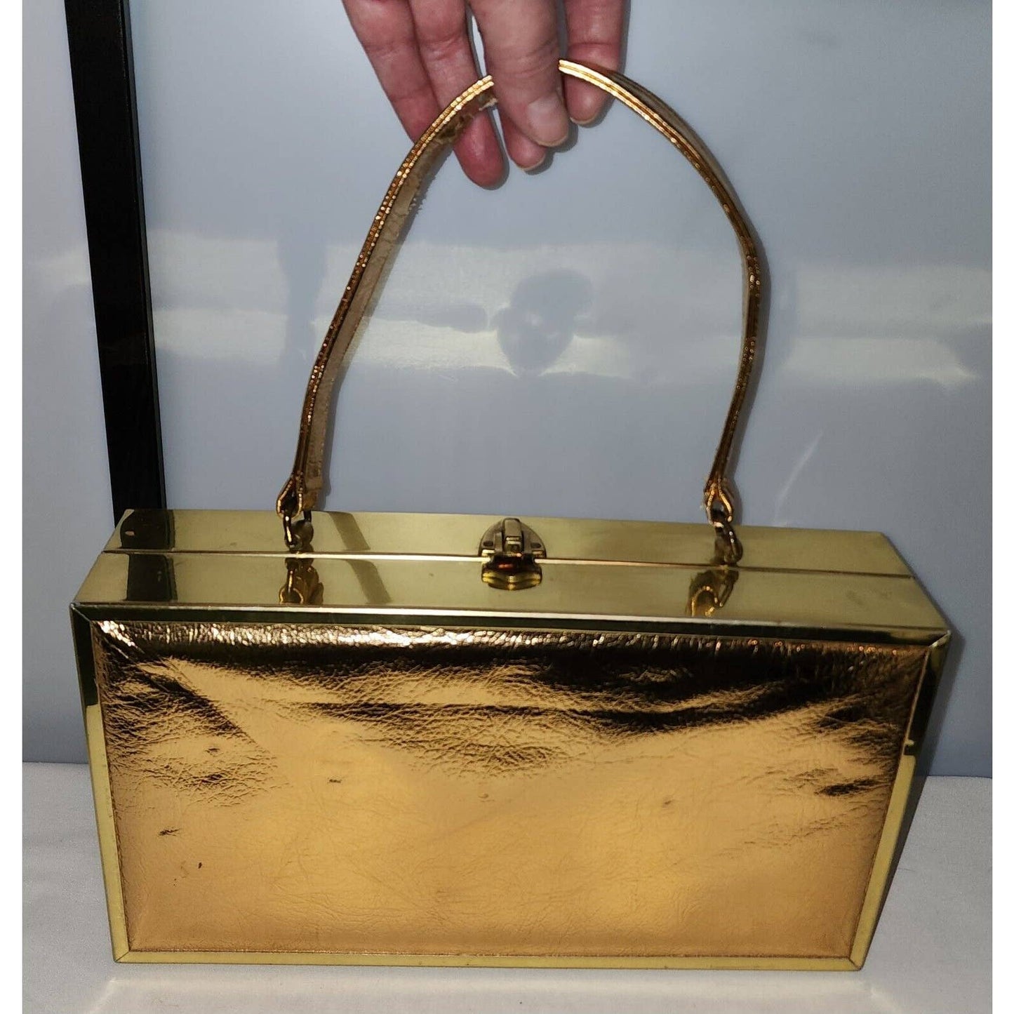 Vintage 50s 60s Large Metallic Gold Foil Box Purse Gold Metal Frame Mid Century
