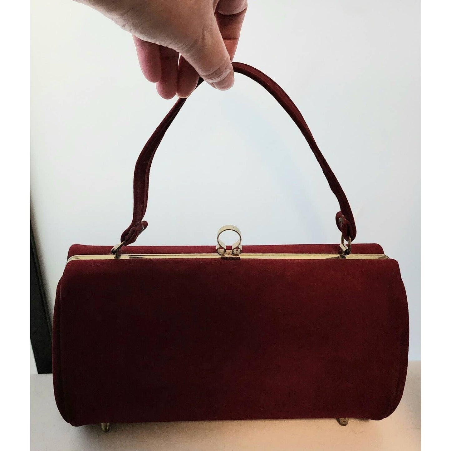 Vintage 50s Dark Red Oval Barrel Purse Soft Suedelike Fabric Mid Century Fall