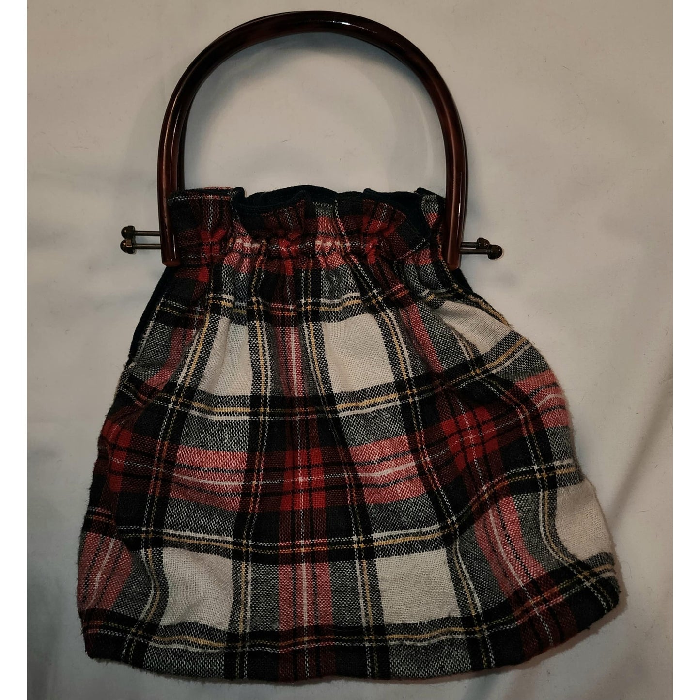 Vintage Wool Purse 1960s 70s Red White Green Wool Plaid Purse Large Plastic Handles Boho