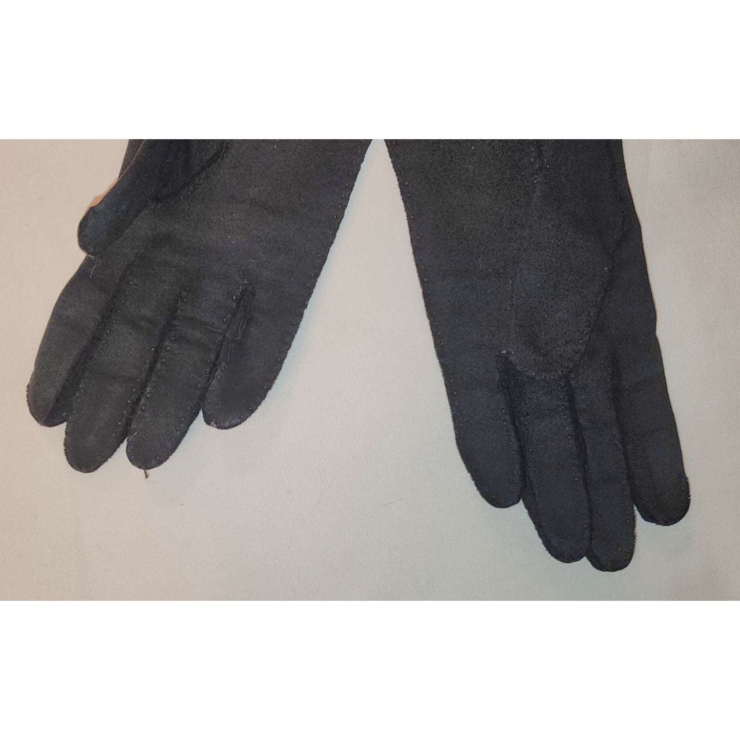 Vintage Beaded Gloves 1940s 50s Black Fabric Midlength Gloves Beaded Crescent Cutouts Hansen Mid Century Film Noir 6.5