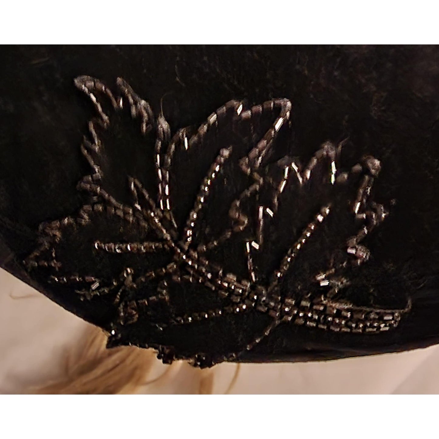 Vintage Platter Hat 1940s 50s Large Round Black Velvet Saucer Tilt Hat Glass Bead Leaf Designs Film Noir Mid Century 20.5 in.