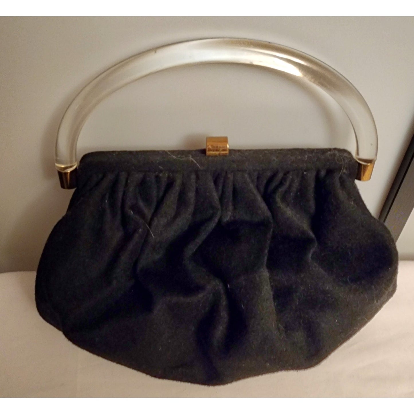 Vintage Wool Purse 1940s 50s Black Wool Purse Large Clear Lucite Acrylic Handle Ingber Mid Century
