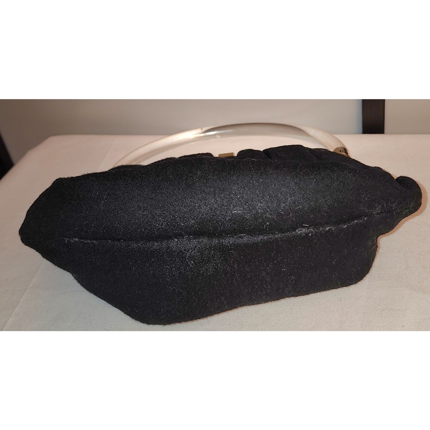 Vintage Wool Purse 1940s 50s Black Wool Purse Large Clear Lucite Acrylic Handle Ingber Mid Century