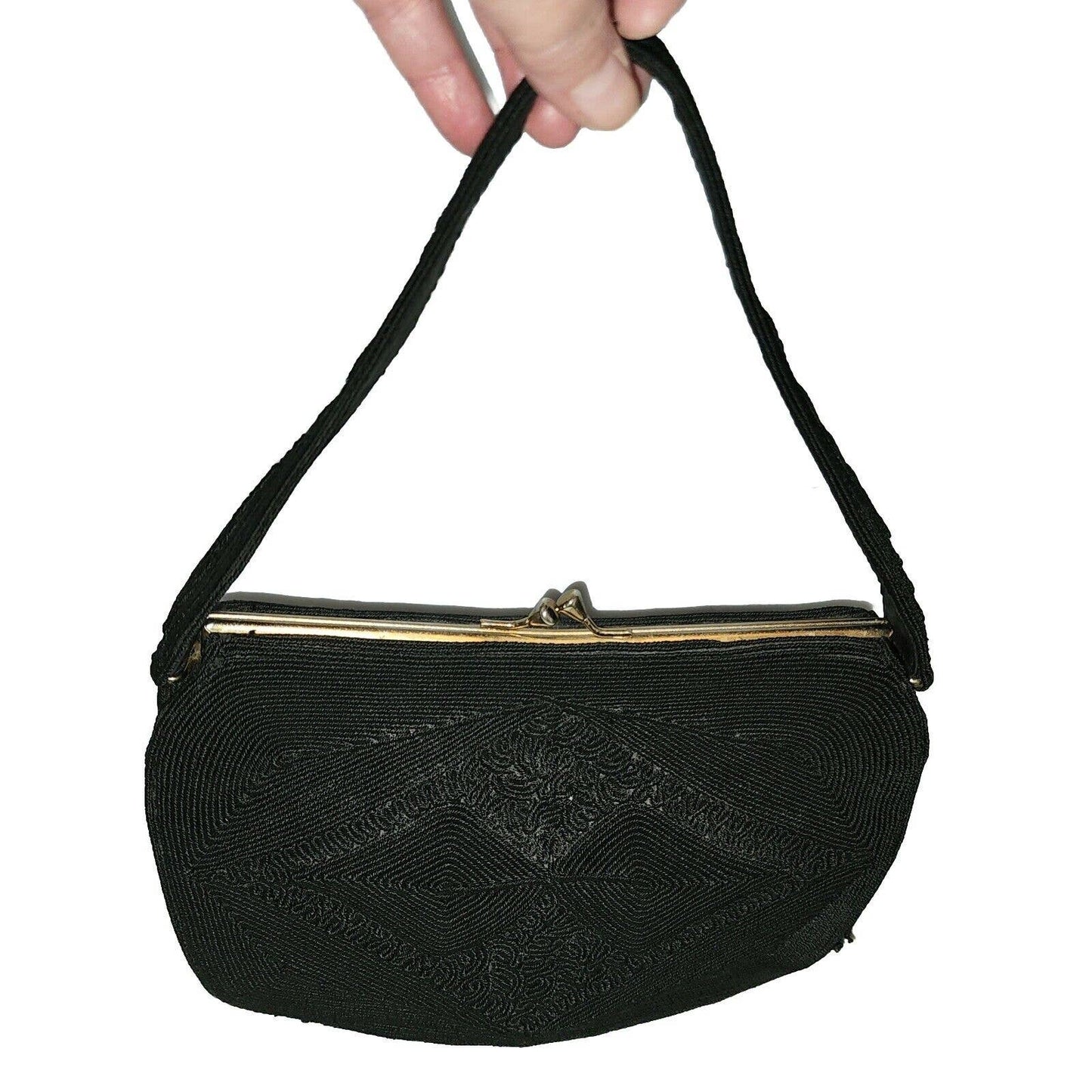 Vintage 30s 40s Black Corde Purse Handbag Intricate Designs Art Deco Film Noir