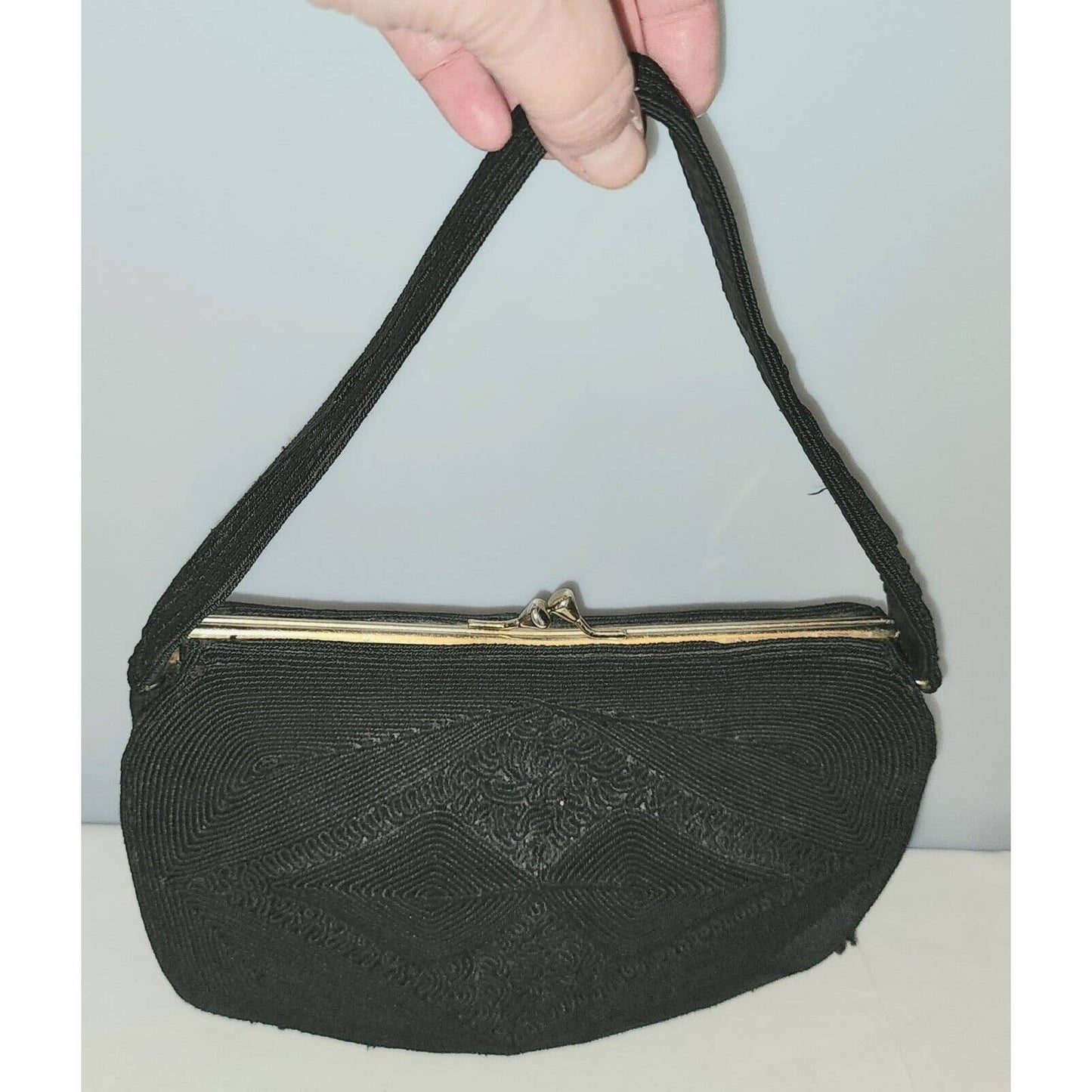 Vintage 30s 40s Black Corde Purse Handbag Intricate Designs Art Deco Film Noir
