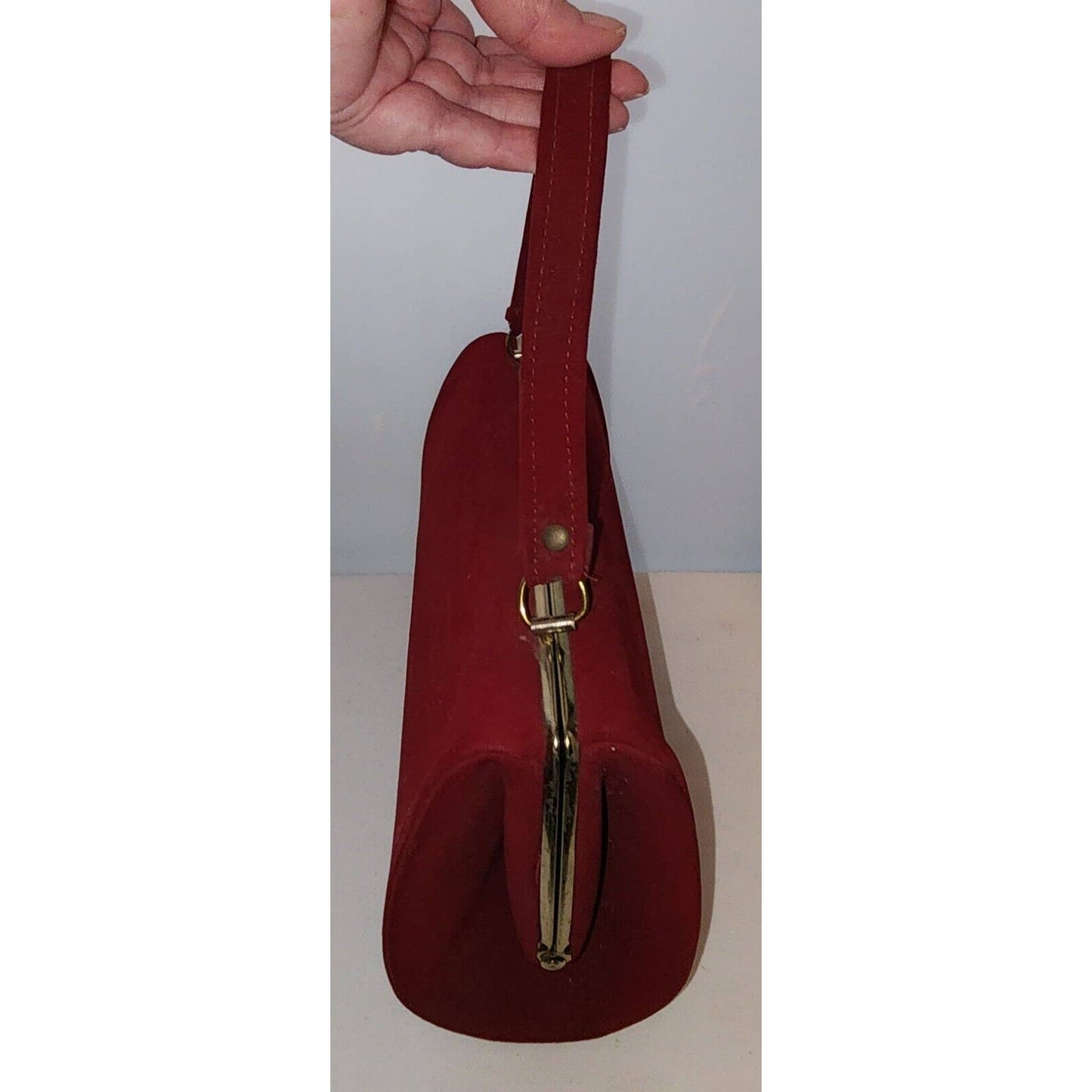 Vintage 50s Dark Red Oval Barrel Purse Soft Suedelike Fabric Mid Century Fall