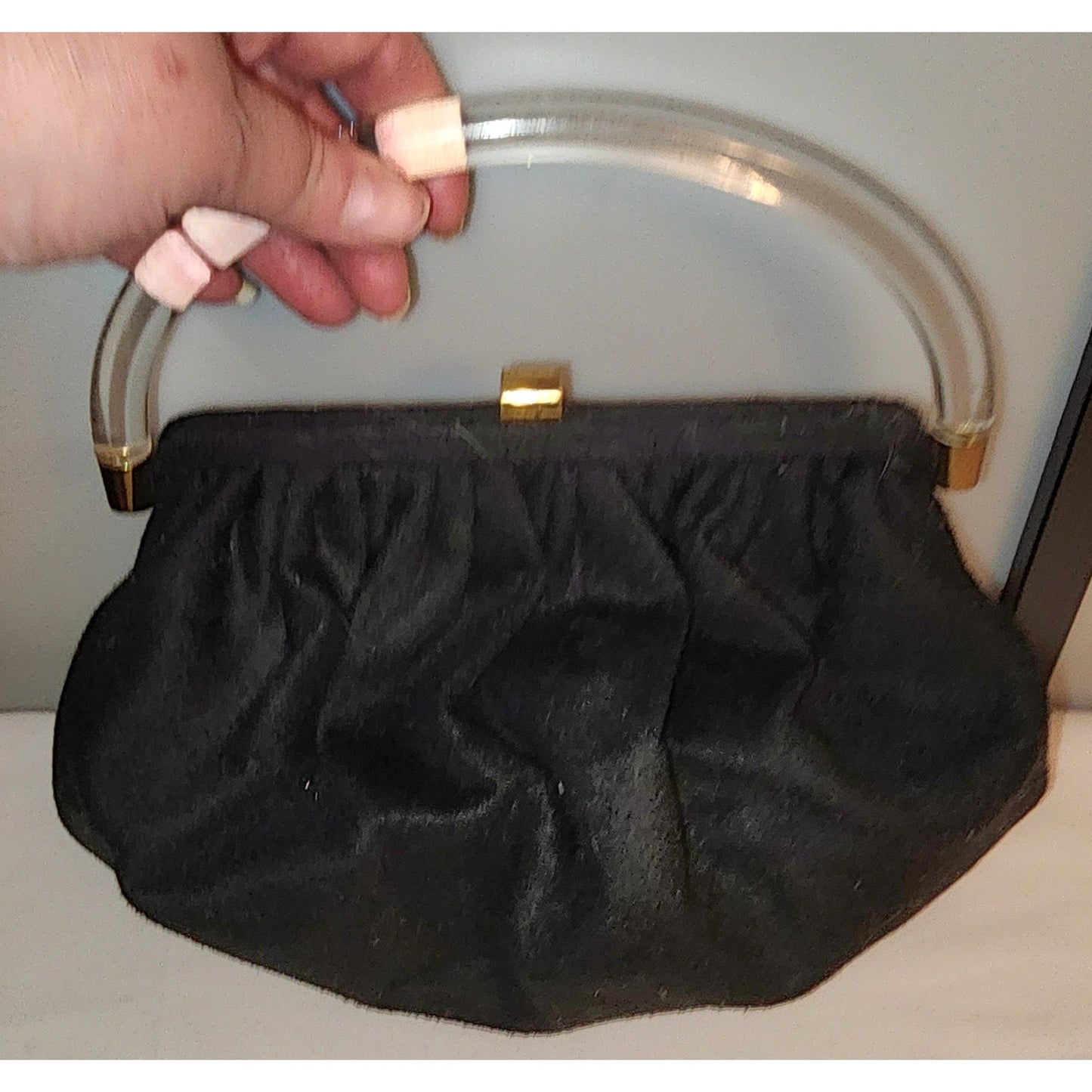 Vintage Wool Purse 1940s 50s Black Wool Purse Large Clear Lucite Acrylic Handle Ingber Mid Century