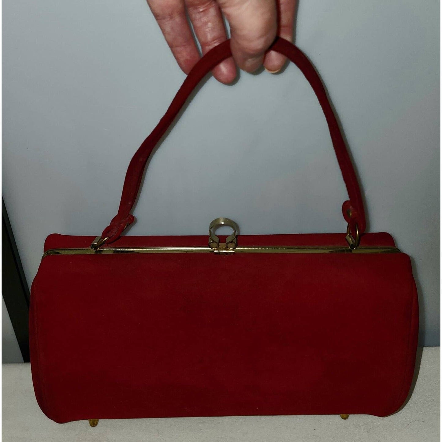 Vintage 50s Dark Red Oval Barrel Purse Soft Suedelike Fabric Mid Century Fall