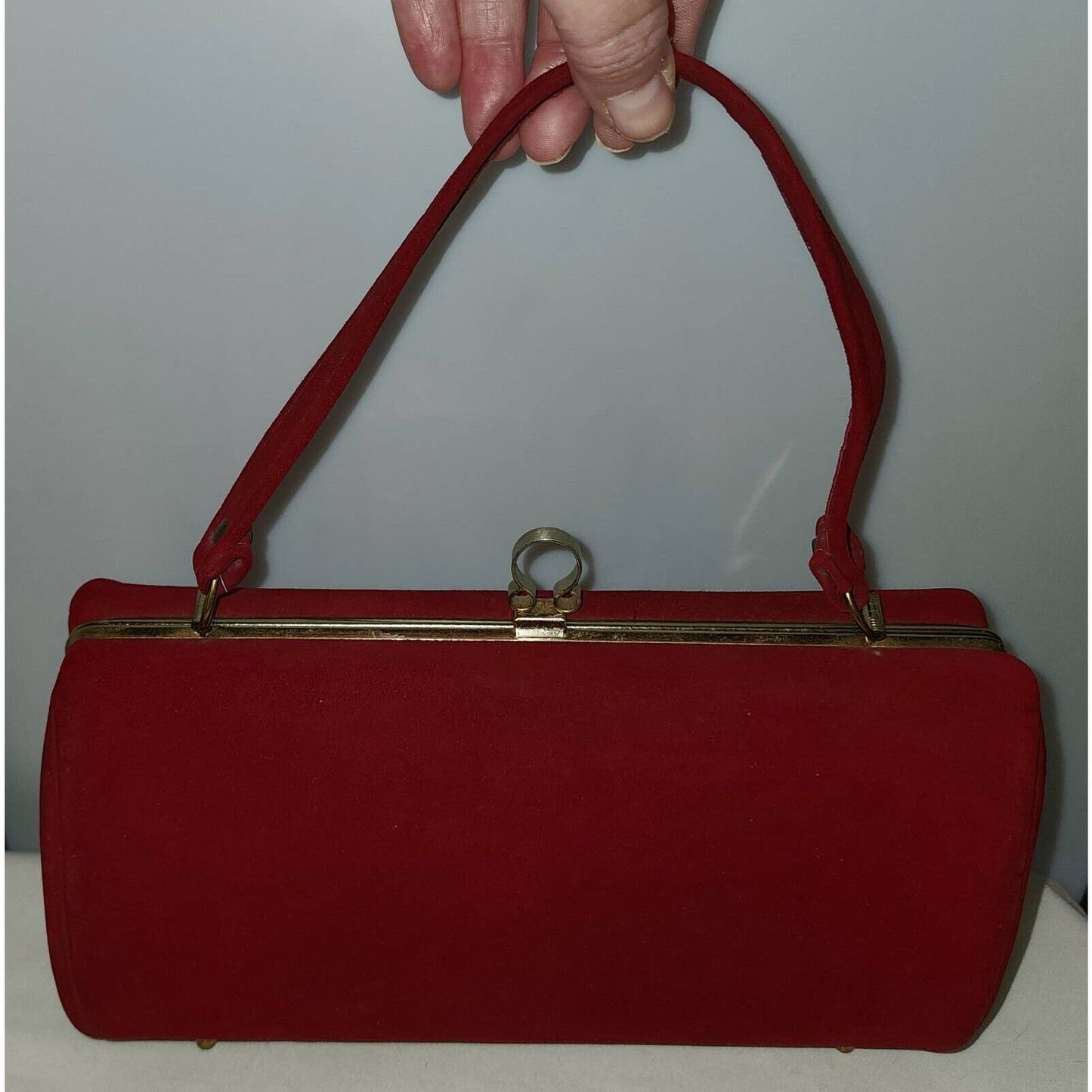 Vintage 50s Dark Red Oval Barrel Purse Soft Suedelike Fabric Mid Century Fall