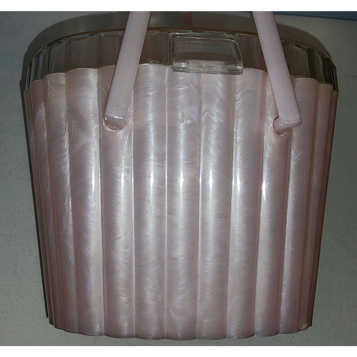Vintage 50s Pink Marbled Lucite Plastic Oval Purse Clear Lid Roses Mid Century
