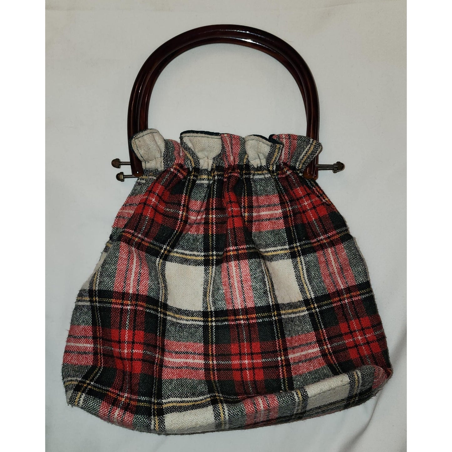 Vintage Wool Purse 1960s 70s Red White Green Wool Plaid Purse Large Plastic Handles Boho