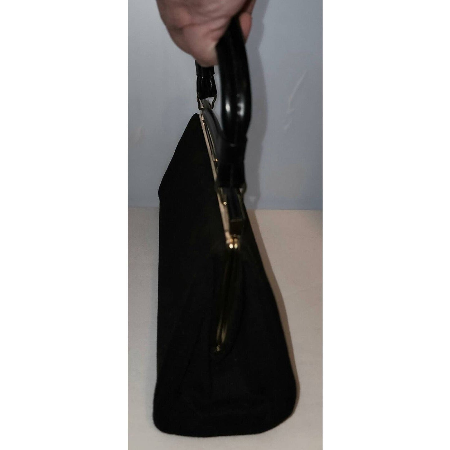 Vintage 50s 60s Unique Black Wool Jersey Covered Purse T Bar Design Mid Century