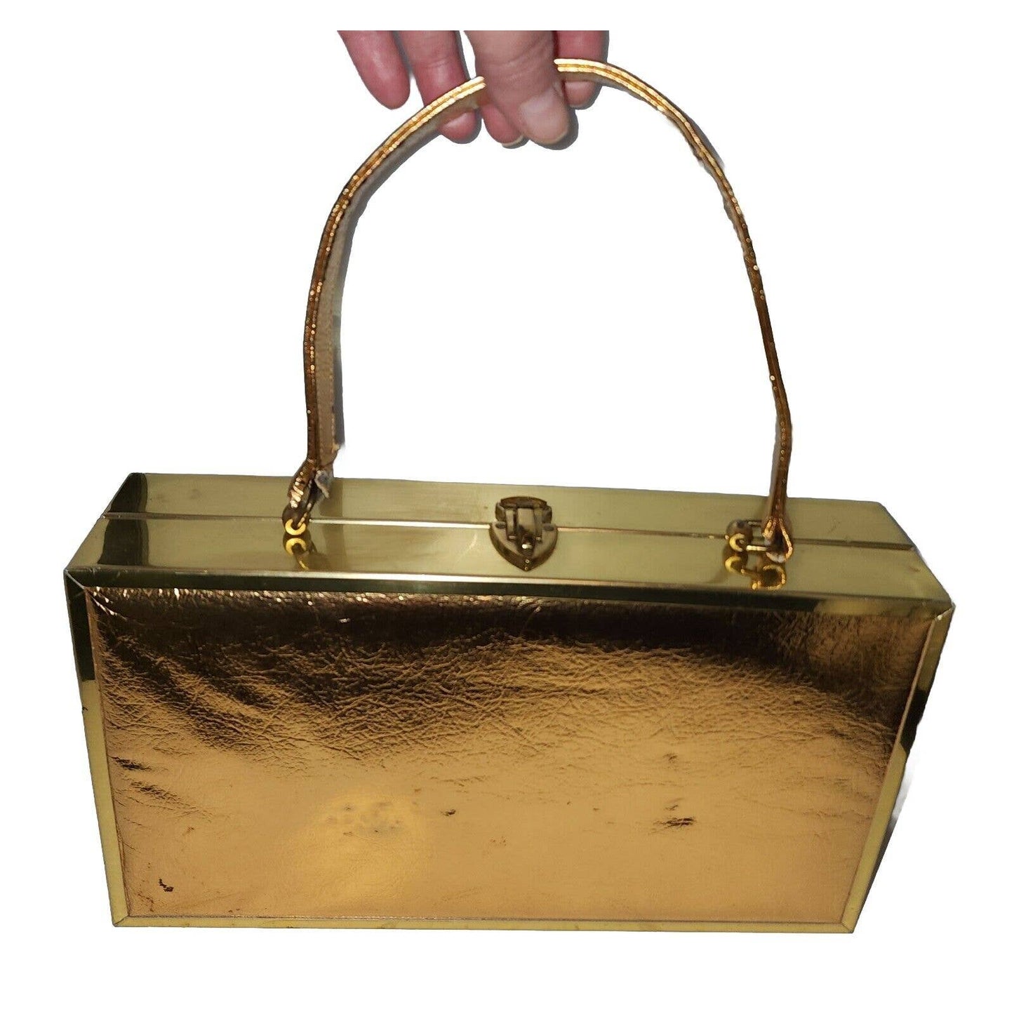 Vintage 50s 60s Large Metallic Gold Foil Box Purse Gold Metal Frame Mid Century