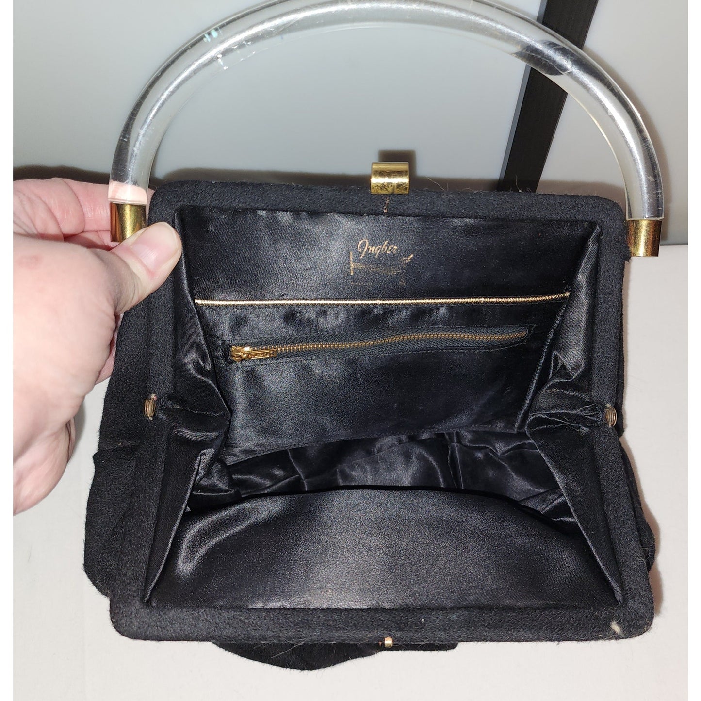 Vintage Wool Purse 1940s 50s Black Wool Purse Large Clear Lucite Acrylic Handle Ingber Mid Century
