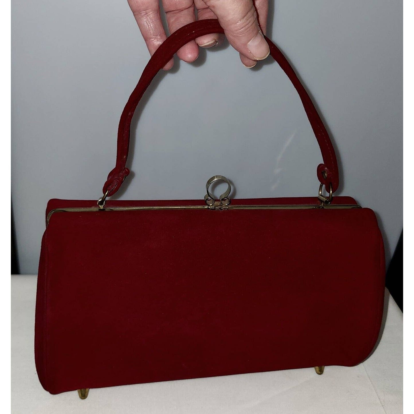 Vintage 50s Dark Red Oval Barrel Purse Soft Suedelike Fabric Mid Century Fall