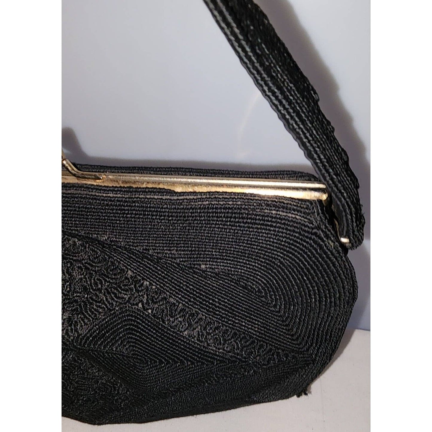 Vintage 30s 40s Black Corde Purse Handbag Intricate Designs Art Deco Film Noir