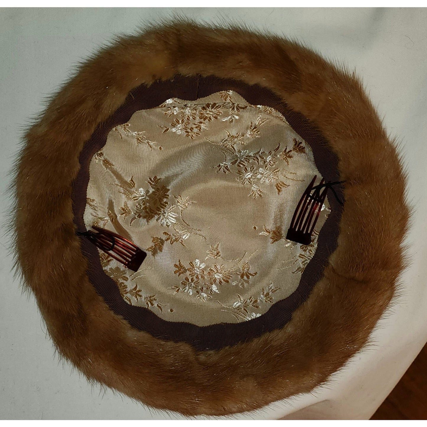 Vintage Saucer Hat 1950s Small Round Light Brown Mink Fur Satin Tilt Platter Hat Mid Century Rockabilly 20 in.