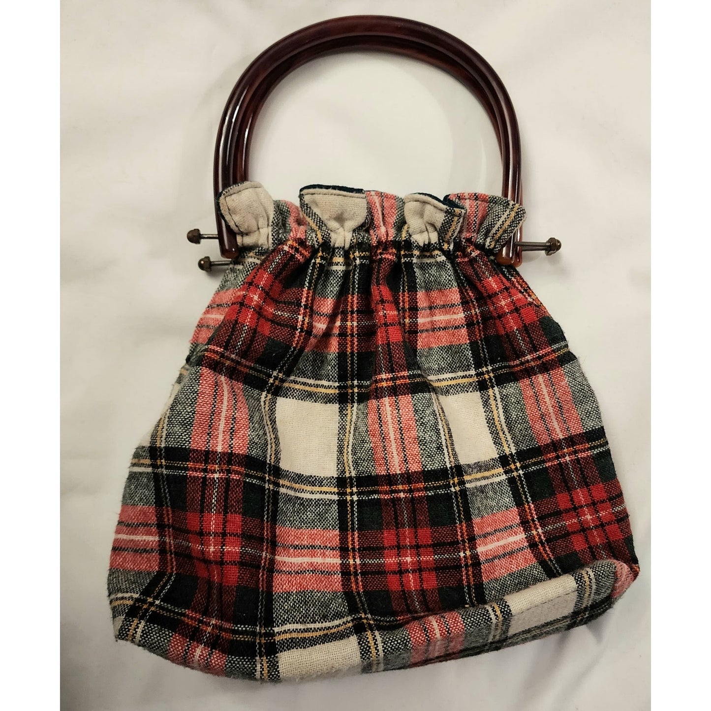 Vintage Wool Purse 1960s 70s Red White Green Wool Plaid Purse Large Plastic Handles Boho