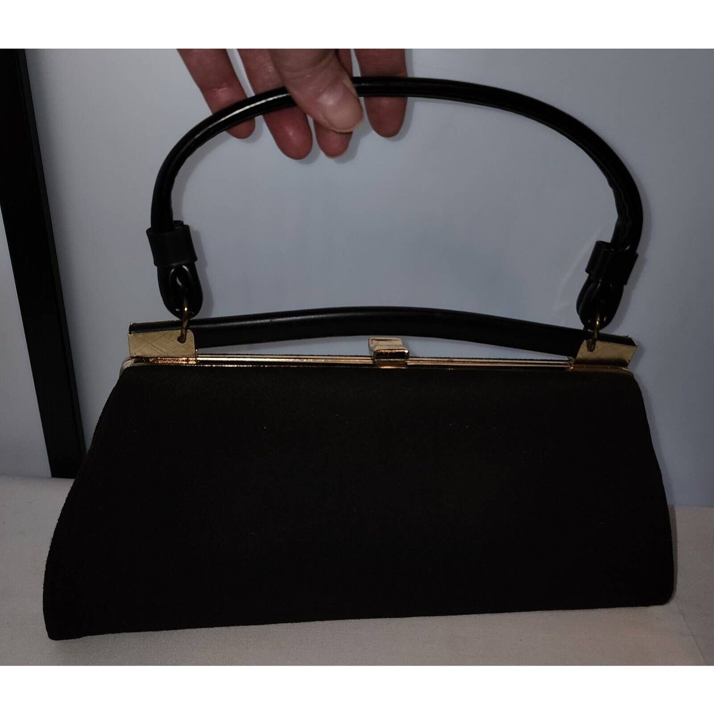Vintage 50s 60s Unique Black Wool Jersey Covered Purse T Bar Design Mid Century