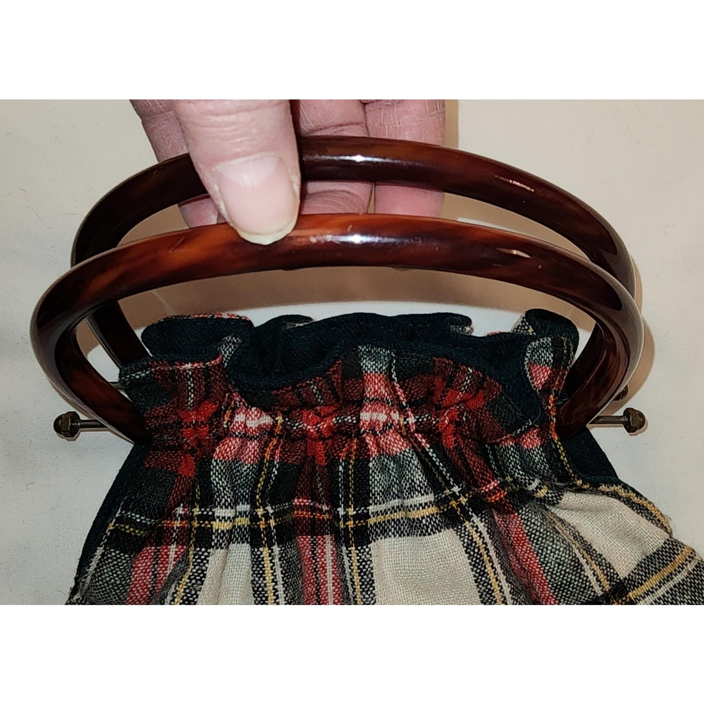 Vintage Wool Purse 1960s 70s Red White Green Wool Plaid Purse Large Plastic Handles Boho