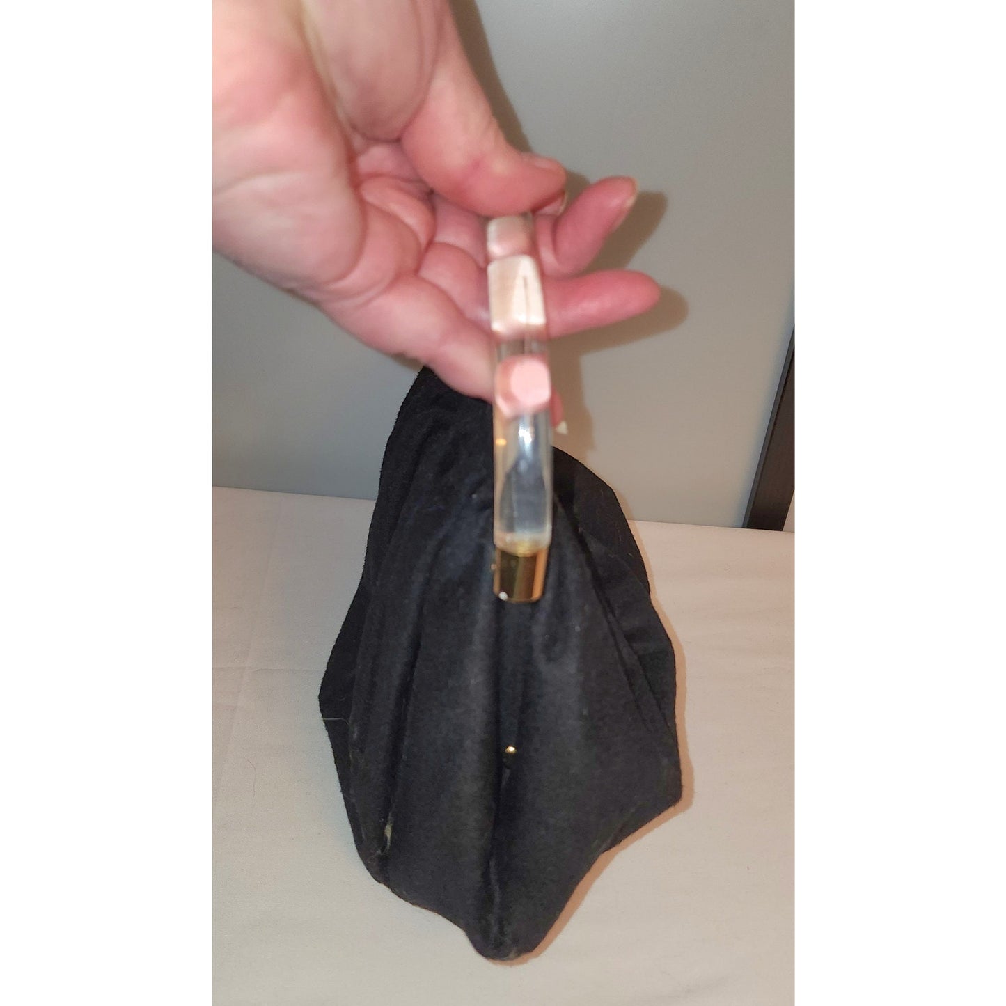 Vintage Wool Purse 1940s 50s Black Wool Purse Large Clear Lucite Acrylic Handle Ingber Mid Century