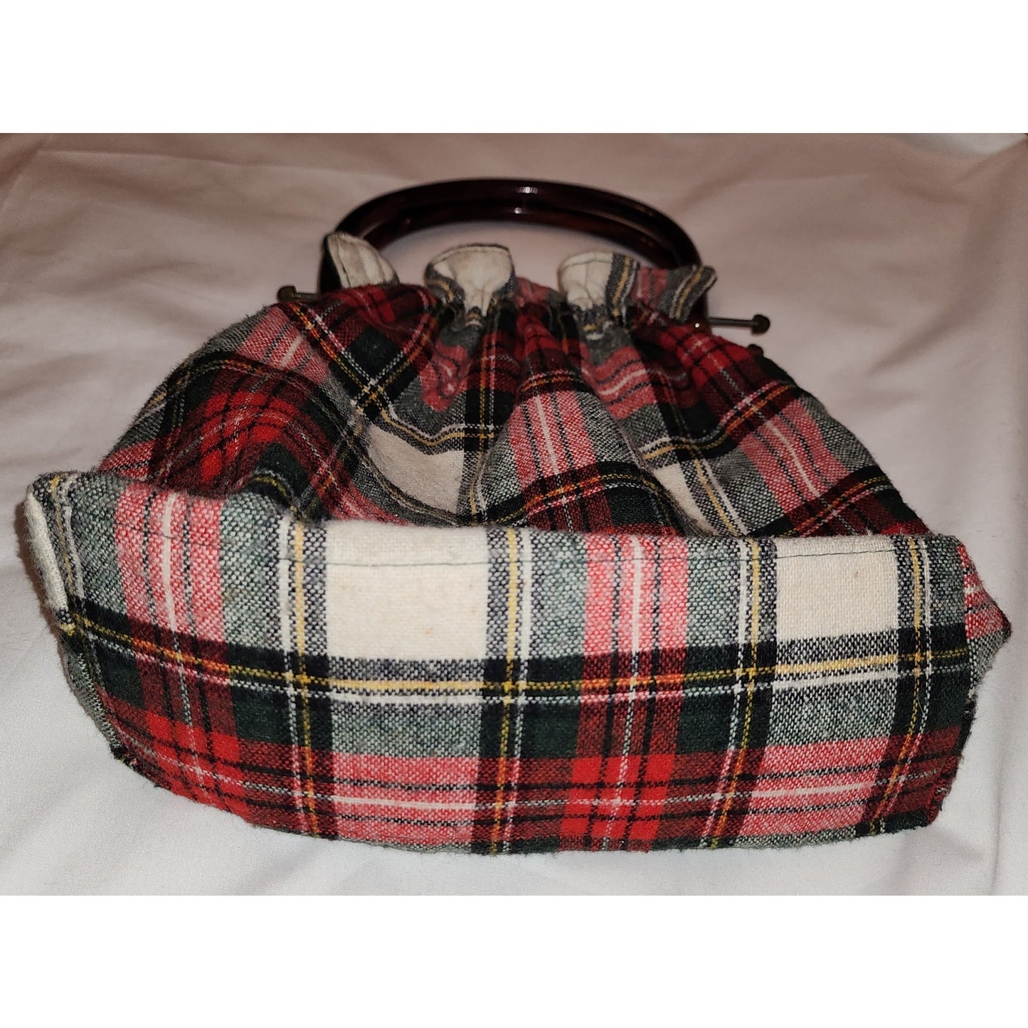 Vintage Wool Purse 1960s 70s Red White Green Wool Plaid Purse Large Plastic Handles Boho