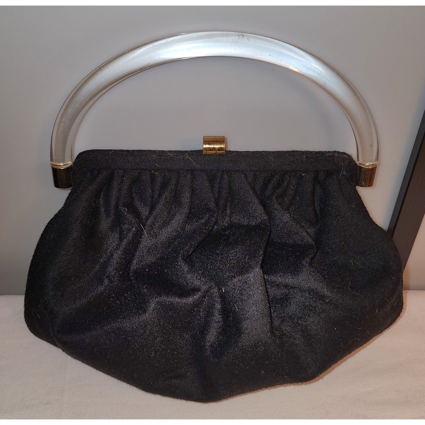 Vintage Wool Purse 1940s 50s Black Wool Purse Large Clear Lucite Acrylic Handle Ingber Mid Century