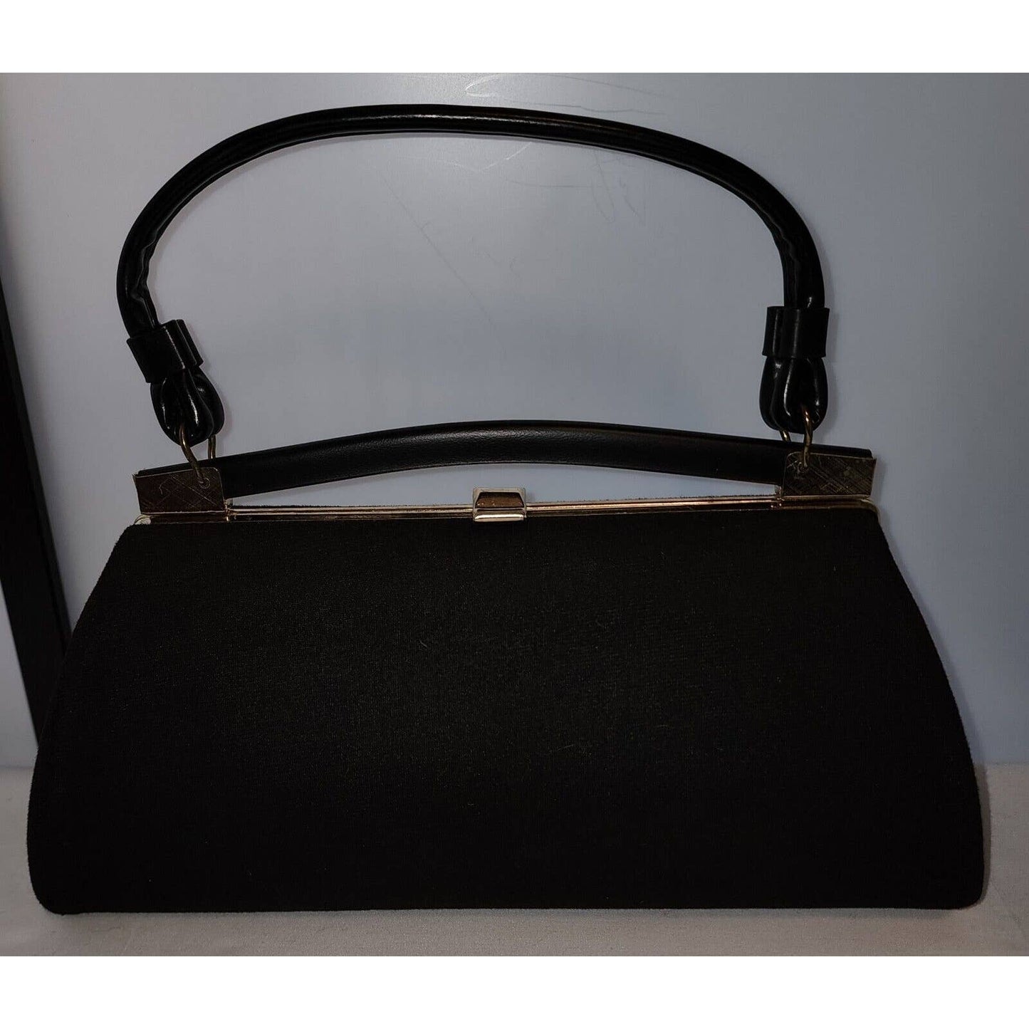 Vintage 50s 60s Unique Black Wool Jersey Covered Purse T Bar Design Mid Century