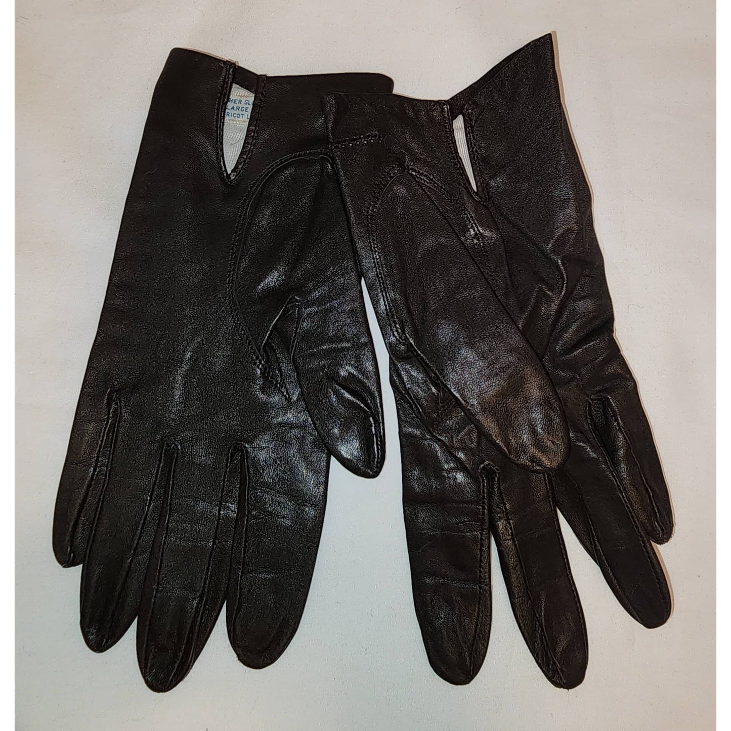 Vintage leather gloves 1960s thin black leather wrist gloves embroidered design rockabilly boho japan l 7 7.5 rip in lining