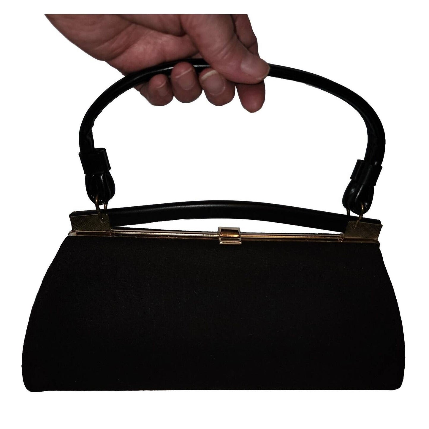 Vintage 50s 60s Unique Black Wool Jersey Covered Purse T Bar Design Mid Century