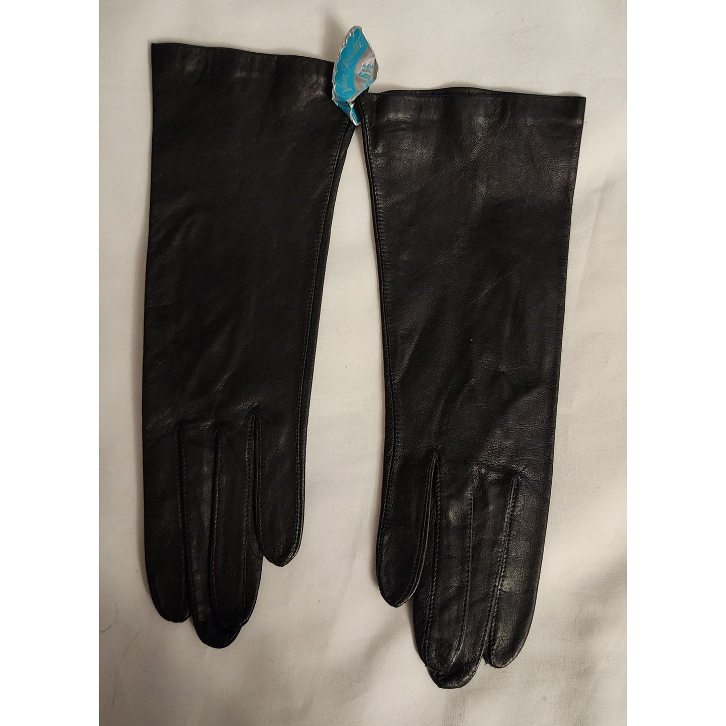 Unworn Vintage Gloves 1960s Black Cabretta Leather Gloves Long Wrist Length Van Raalte Mid Century NWT NIP 6.5