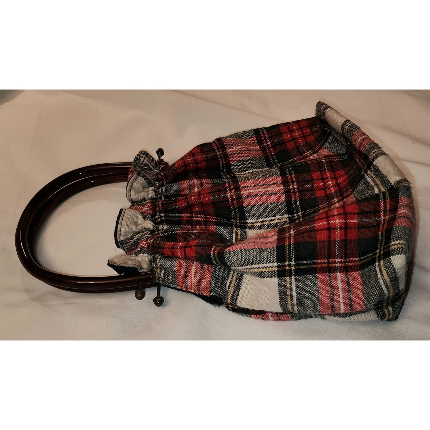 Vintage Wool Purse 1960s 70s Red White Green Wool Plaid Purse Large Plastic Handles Boho