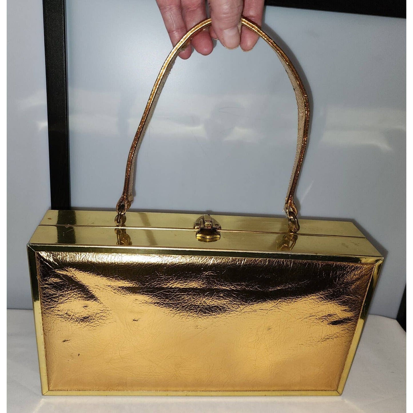Vintage 50s 60s Large Metallic Gold Foil Box Purse Gold Metal Frame Mid Century