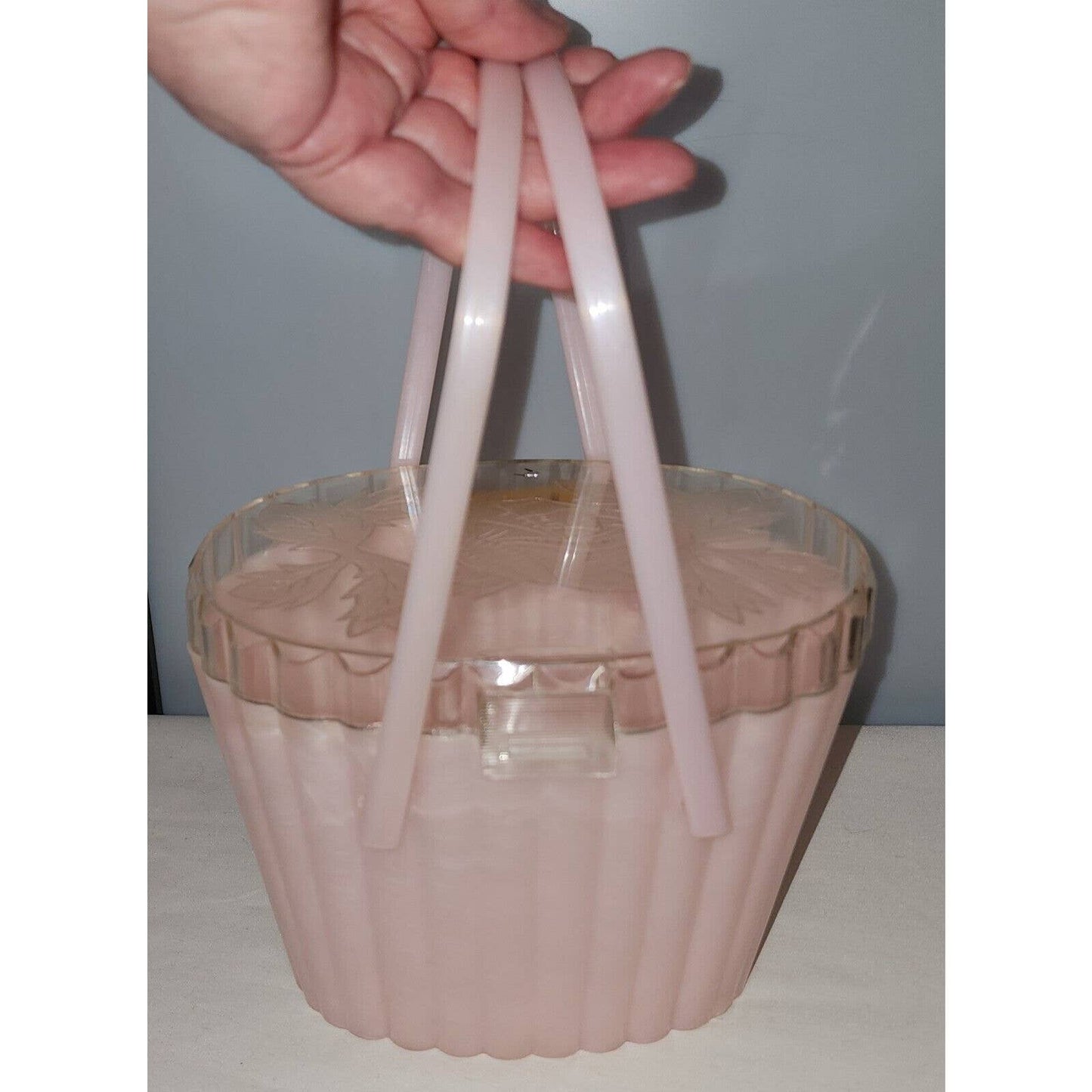 Vintage 50s Pink Marbled Lucite Plastic Oval Purse Clear Lid Roses Mid Century