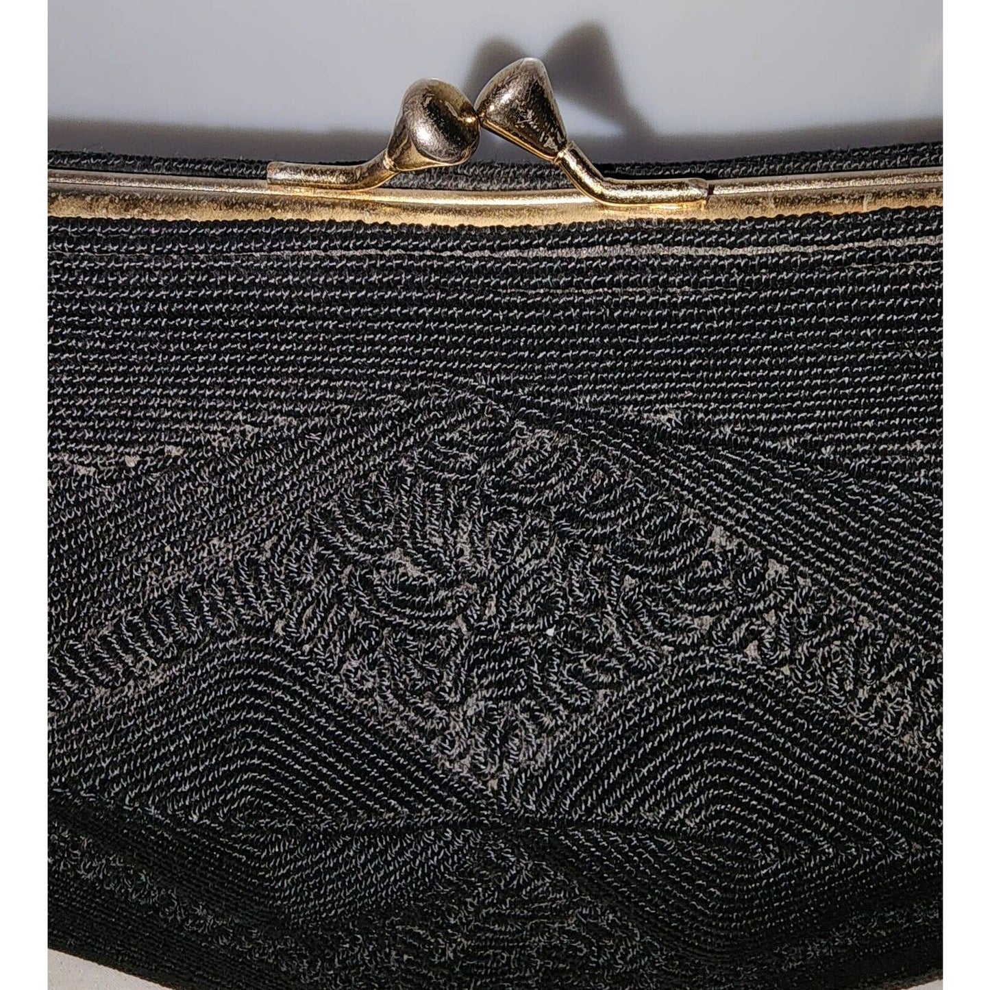 Vintage 30s 40s Black Corde Purse Handbag Intricate Designs Art Deco Film Noir