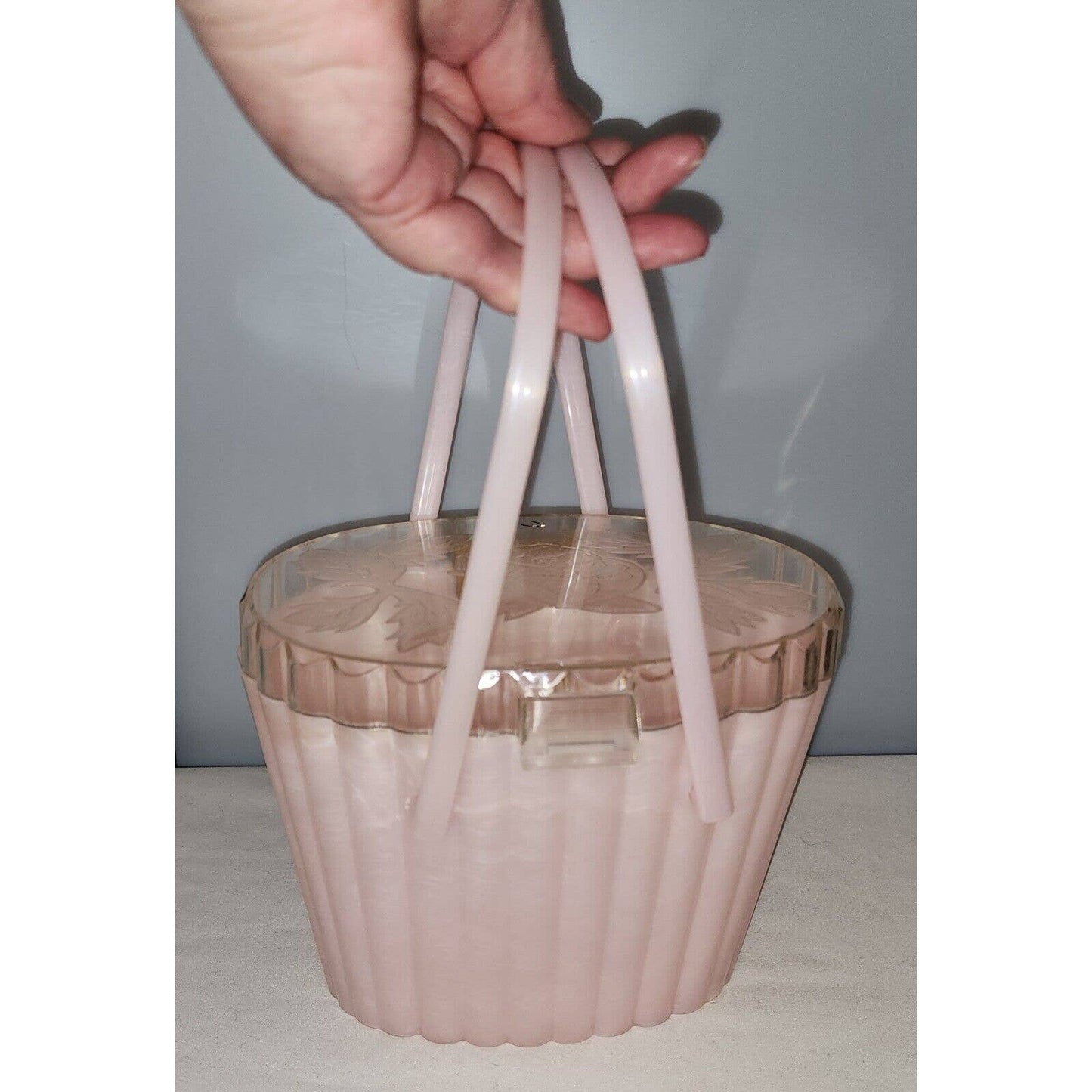 Vintage 50s Pink Marbled Lucite Plastic Oval Purse Clear Lid Roses Mid Century