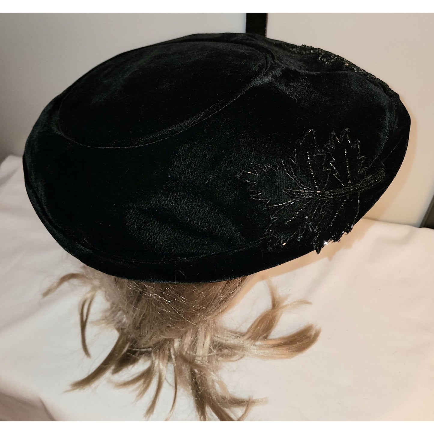 Vintage Platter Hat 1940s 50s Large Round Black Velvet Saucer Tilt Hat Glass Bead Leaf Designs Film Noir Mid Century 20.5 in.