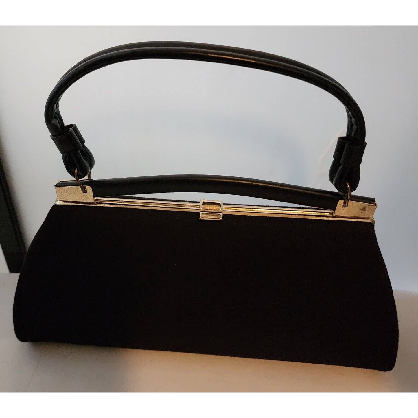 Vintage 50s 60s Unique Black Wool Jersey Covered Purse T Bar Design Mid Century
