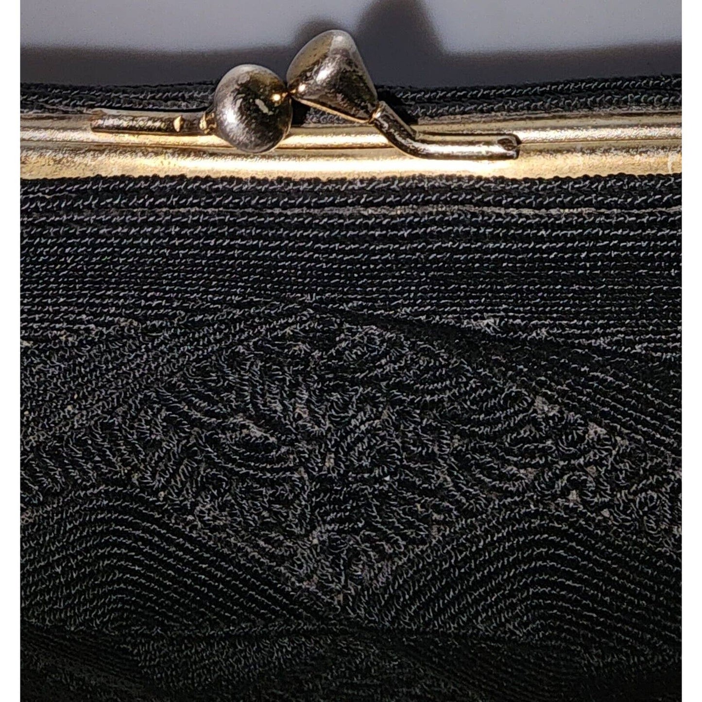 Vintage 30s 40s Black Corde Purse Handbag Intricate Designs Art Deco Film Noir