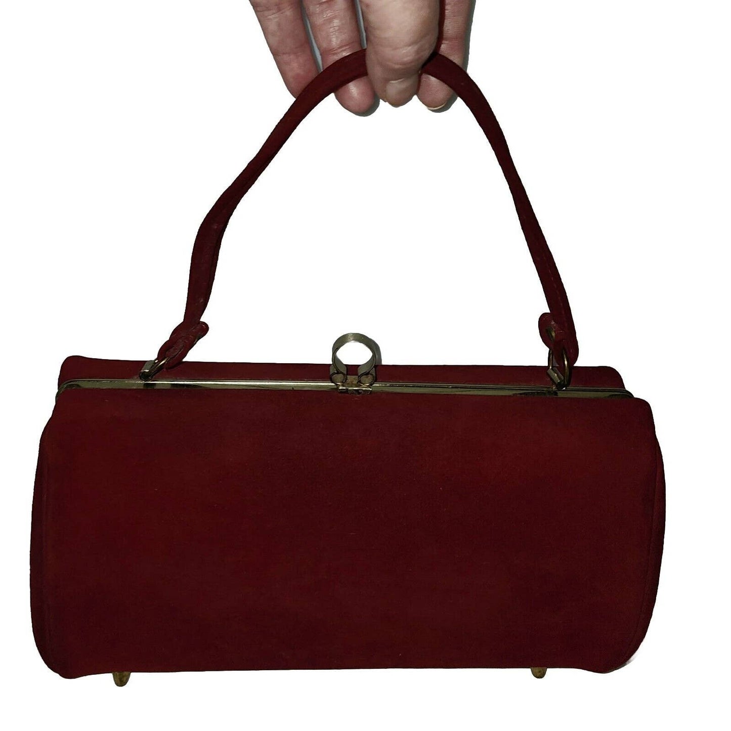 Vintage 50s Dark Red Oval Barrel Purse Soft Suedelike Fabric Mid Century Fall