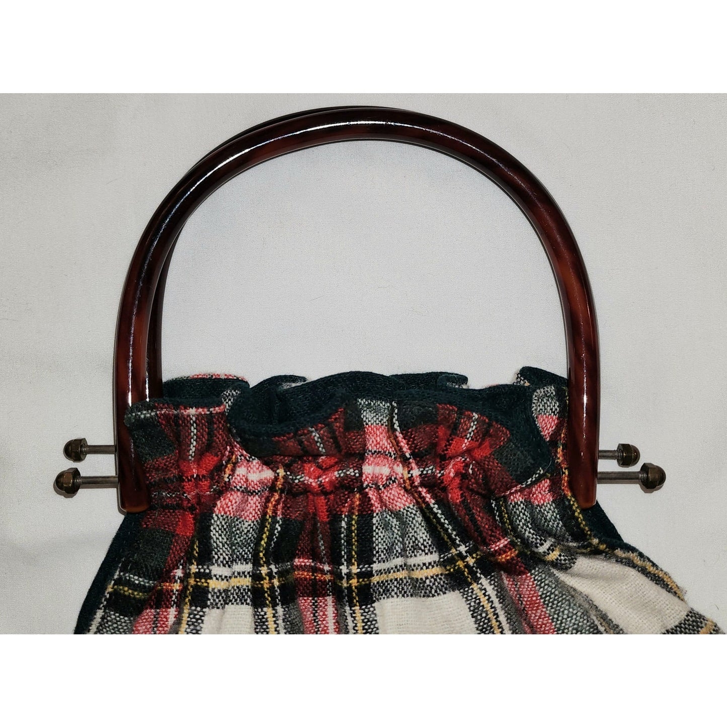 Vintage Wool Purse 1960s 70s Red White Green Wool Plaid Purse Large Plastic Handles Boho
