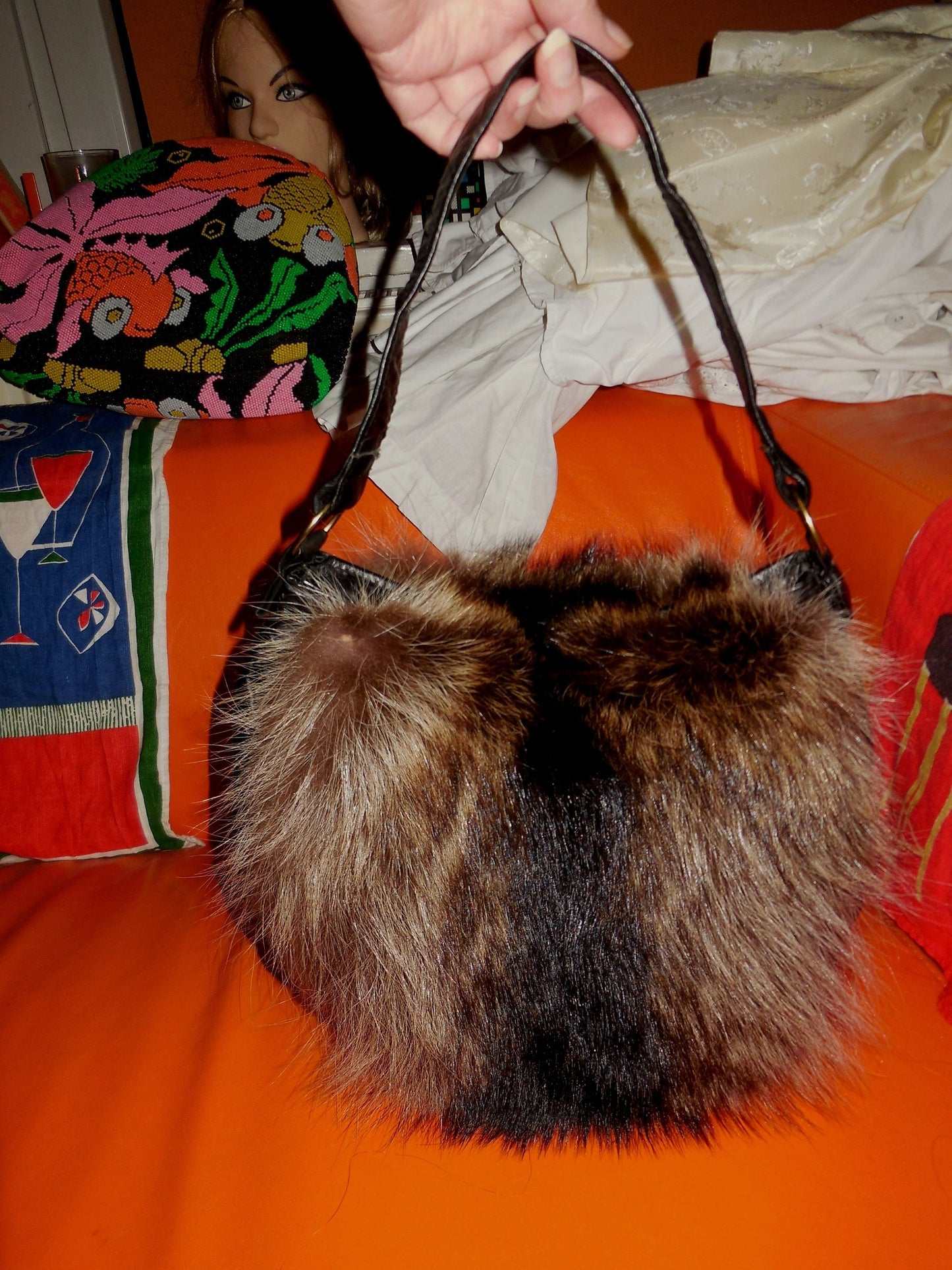 SALE Vintage Fur Muff 1980s Fluffy Raccoon Fur Leather Purse with Handwarmer Boho Mod